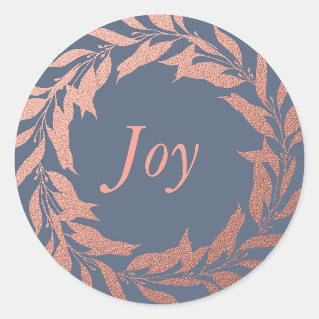 Joy Christmas Rose Gold Wreath Dark Blue Classic Round Sticker (Front)