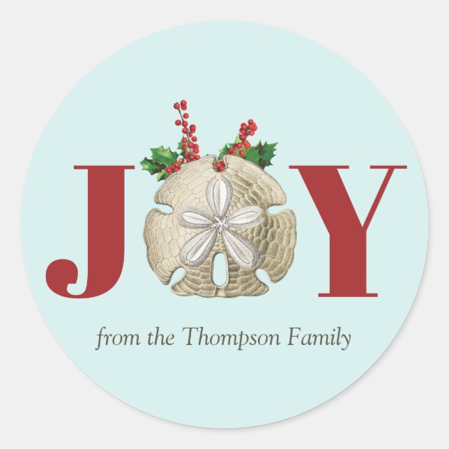 Joy Christmas Sand Dollar Holly Berries Coastal   Classic Round Sticker (Front)