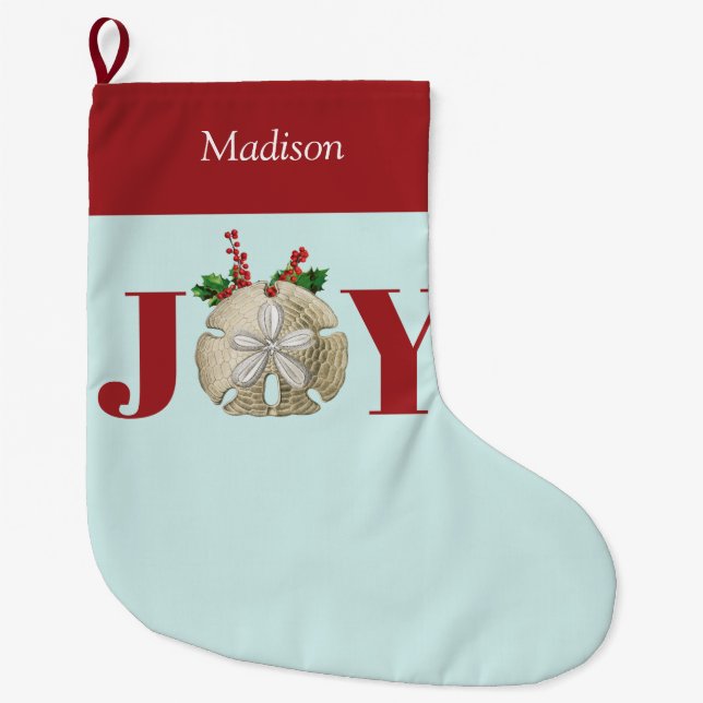 Joy Christmas Sand Dollar Holly Berries Coastal   Large Christmas Stocking (Front)