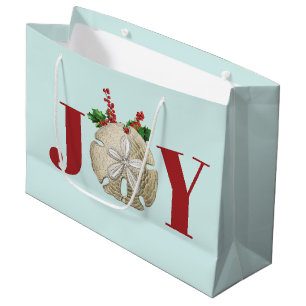 Joy Christmas Sand Dollar Holly Berries Coastal Large Gift Bag