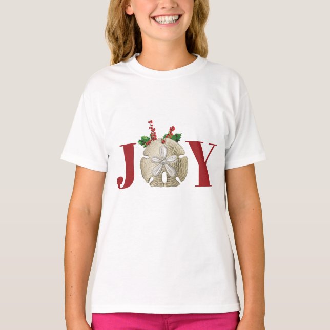 Joy Christmas Sand Dollar Holly Berries Coastal  T-Shirt (Front)