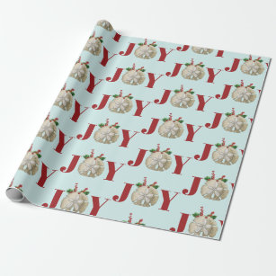 Joy Christmas Sand Dollar Holly Berries Coastal  Wrapping Paper