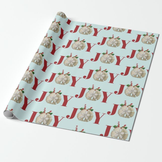 Joy Christmas Sand Dollar Holly Berries Coastal  Wrapping Paper (Unrolled)