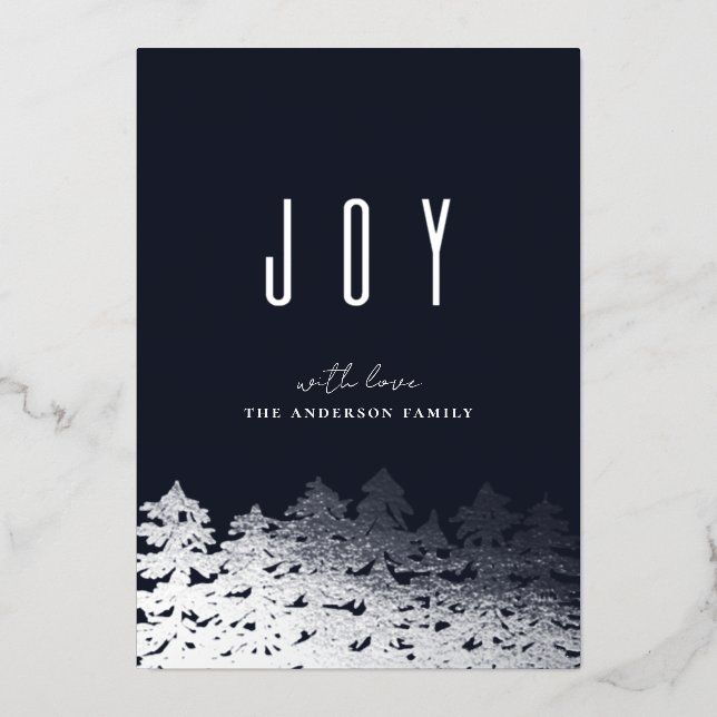 Joy. Christmas silver tree. Navy modern pines Foil Holiday Card (Front)