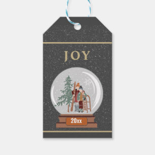 JOY Christmas Snow Globe with Skier and Sledder Gift Tags