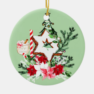 JOY Christmas Tree Flowers Candy Cane Ceramic Ornament