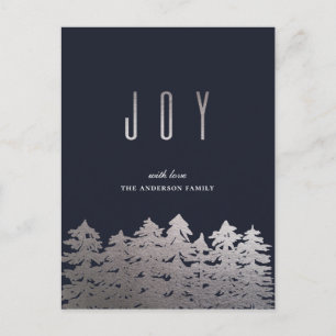 Joy. Christmas tree. Silver pines. Navy modern Holiday Postcard