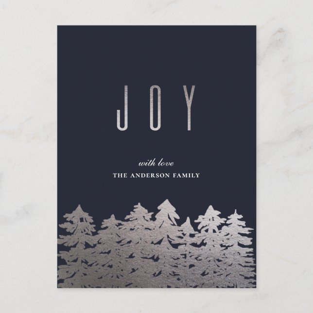 Joy. Christmas tree. Silver pines. Navy modern Holiday Postcard (Front)