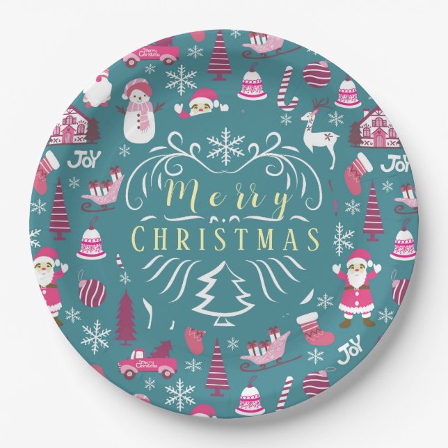 Joy Christmas Turquoise Paper Plate (Front)