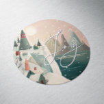 Joy. Christmas winter mountain village landscape Classic Round Sticker<br><div class="desc">Cute Christmas "Joy" Sticker with winter mountain nordic village landscape for Holiday party.</div>