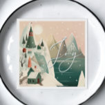 Joy. Christmas winter mountain village landscape Napkin<br><div class="desc">Cute Christmas "Joy" Napkins with winter mountain nordic village landscape for Holiday party.</div>