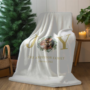"Joy" Christmas Wreath Custom Photo Fleece Blanket