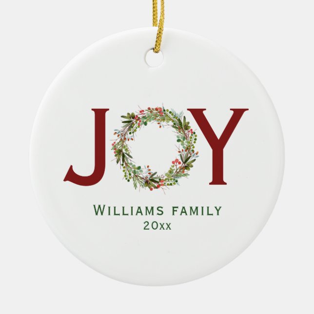 Joy Christmas Wreath Family Name Ceramic Ornament (Front)
