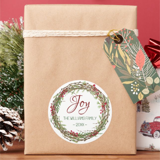 Joy - Christmas Wreath Family Name Classic Round Sticker (Holiday)