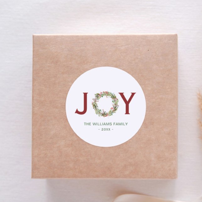 Joy Christmas Wreath Family Name   Classic Round Sticker (Creator Uploaded)