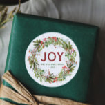 Joy - Christmas Wreath Family Name   Classic Round Sticker<br><div class="desc">Beautiful greenery wreath "Joy"  personalized name stickers.</div>