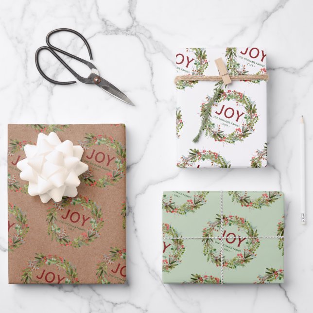 Joy - Christmas Wreath Family Name Wrapping Paper Sheet (Front)