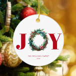 Joy Christmas Wreath Floral  Ceramic Ornament<br><div class="desc">Joy Christmas Wreath Floral Holiday Ornament</div>