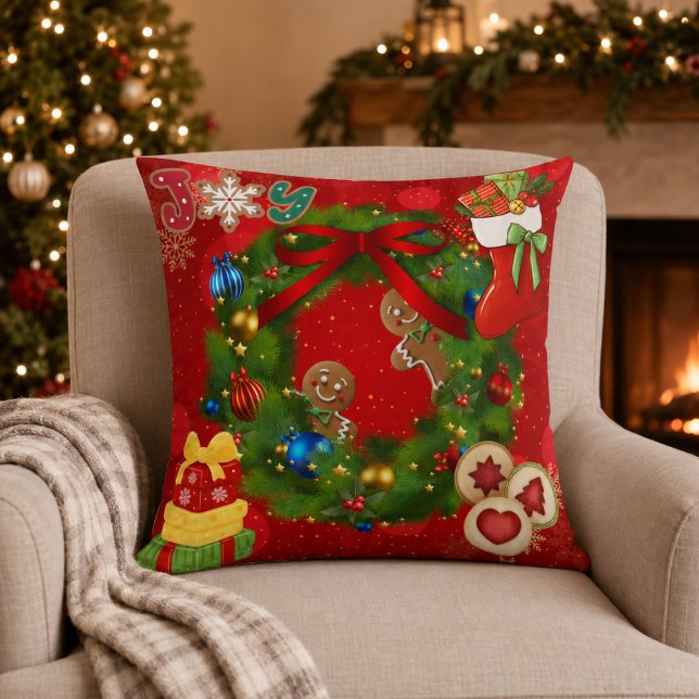 Joy Christmas Wreath Gingerbread Decorative Throw  Pillow (Creator Uploaded)