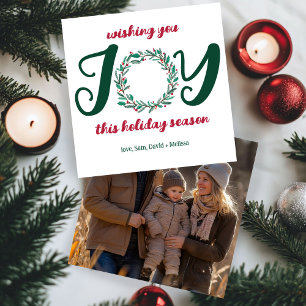 JOY Christmas Wreath Hand-Drawn CUSTOM PHOTO  Holiday Card