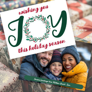 JOY Christmas Wreath Hand-Drawn CUSTOM PHOTO  Holiday Card