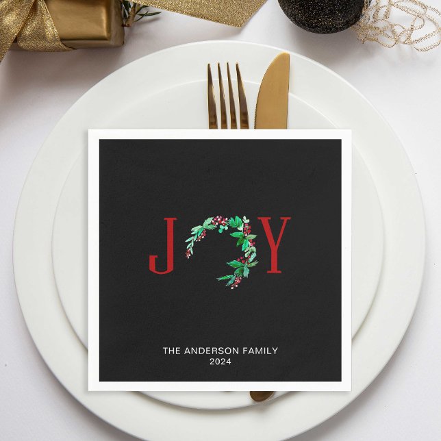 Joy Christmas Wreath Holiday Watercolor Minimalist Napkin (Creator Uploaded)