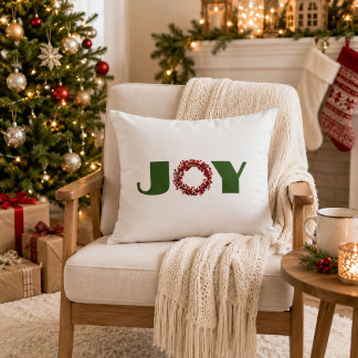 Joy Christmas Wreath Minimalist Farmhouse Holiday Accent Pillow