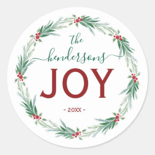 Joy Christmas Wreath Name Handwritten Script Classic Round Sticker