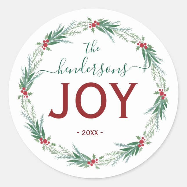 Joy Christmas Wreath Name Handwritten Script Classic Round Sticker (Front)