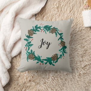 Joy Christmas Wreath Painting Grey Pillow