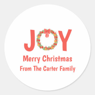 Joy Christmas Wreath Personalized Family Holiday Classic Round Sticker