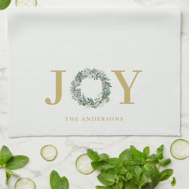 "Joy" Christmas Wreath Personalized Kitchen Towel (Folded)