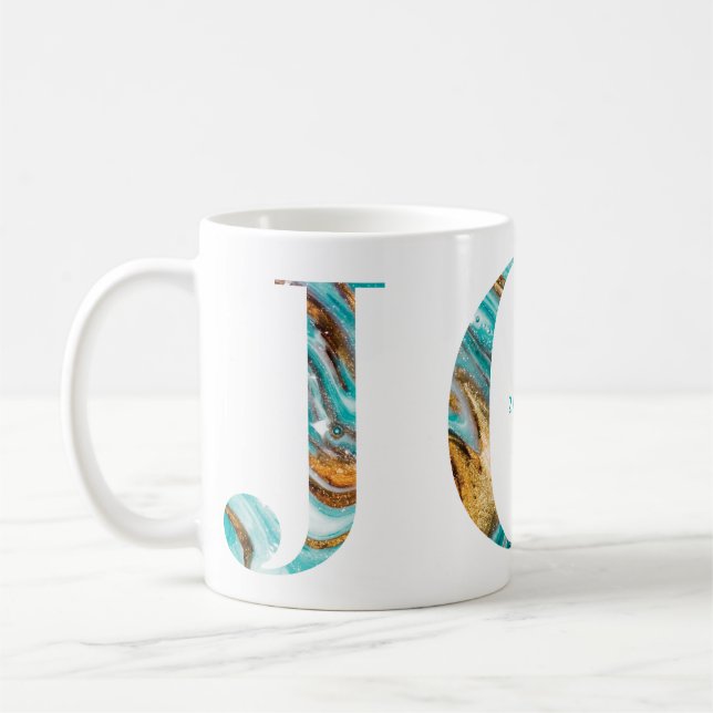 Joy Colourful Teal & Gold Marble Typographic Coffee Mug (Left)