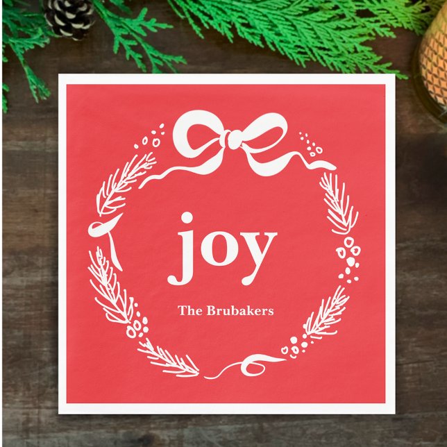 Joy Custom Red Modern Original Bow Christmas Napkin (Joy. Personalize this red hand drawn Christmas napkin. Whimsical festive wreath with custom script.)