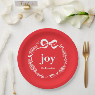 Joy Custom Red Modern Whimsical Bow Christmas Paper Plate