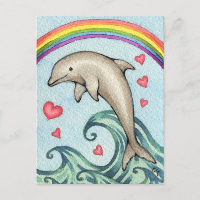 Joy - Cute Rainbow Dolphin Art Postcard (Front)