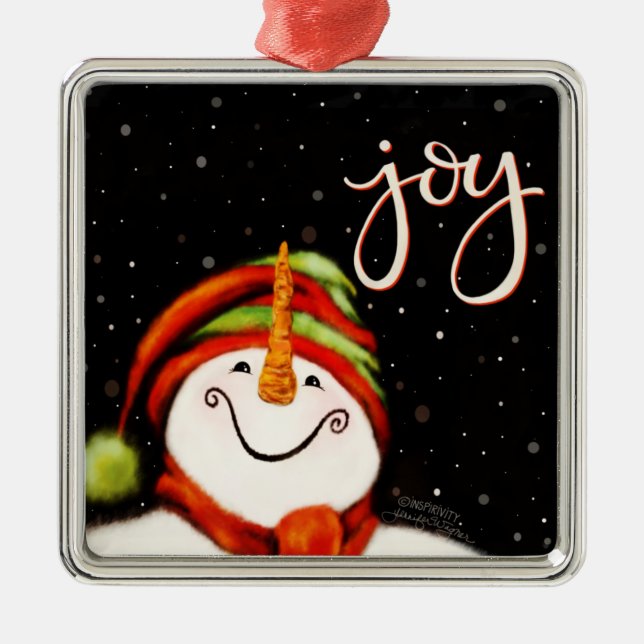 Joy Cute Smiling Snowman Inspirivity Christmas  Metal Ornament (Front)