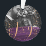 Joy | Deep Purple Watercolor Wash Newlyweds Photo Ornament<br><div class="desc">Celebrate the magical and festive holiday season with our custom newlyweds mr and mrs holiday photo ornaments. Our modern holiday design features a deep rich purple watercolor wash brush stoke with faux copper accents to add a modern elegant appeal. A stylish script handwriting typography "Joy" in faux copper contracts beautifully...</div>