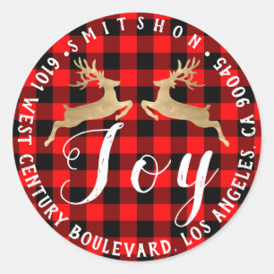 Joy Deer Holiday Return Address Buffalo PlaidGold Classic Round Sticker