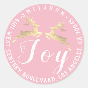 Joy Deers Holiday Return Address Pink RSVP Gold Classic Round Sticker