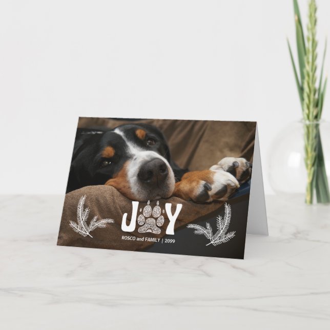 Joy Dog Paw Print and Pines Horz Photo Holiday Card (Front)