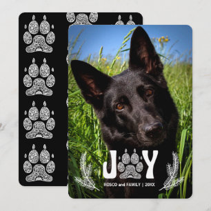 Joy Dog Paw Print and Pines Pet Lover Photo Holiday Card