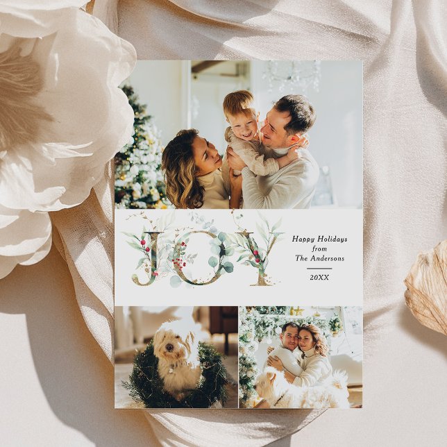 JOY Elegant 3 Photo Gold Greenery Christmas Holiday Card (Creator Uploaded)