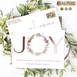 "JOY", Elegant and Simple, Foil Holiday Postcard<br><div class="desc">Elegant real foil holiday postcard with beautiful foil "JOY" phrase, showcasing the letter "O" as a delicate holiday wreath. Personalize the front with two text section in foil. Back with the option to add a "printed" message or to receive postcards with this section in blank so you can add individual...</div>