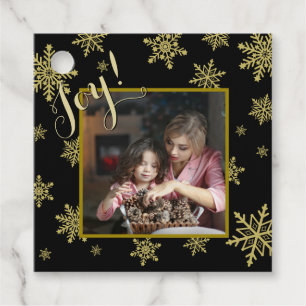 Joy! Elegant Black & Gold Snowflakes Holiday Photo Favour Tags