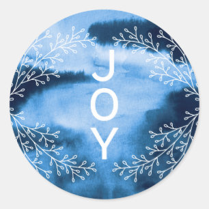 Joy   Elegant Blue Watercolor Wash Holiday Classic Round Sticker