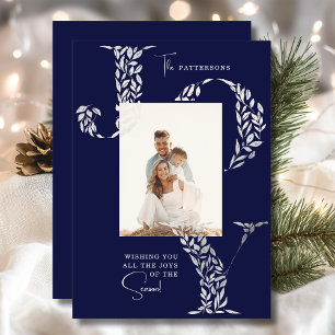 Joy Elegant Christmas Floral Typography Photo Holiday Card