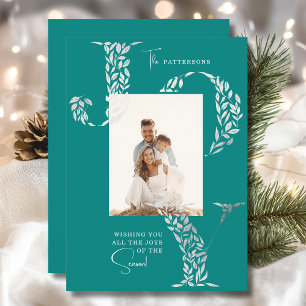 Joy Elegant Christmas Floral Typography Photo Holiday Card