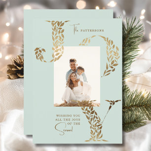 Joy Elegant Christmas Floral Typography Photo  Holiday Card