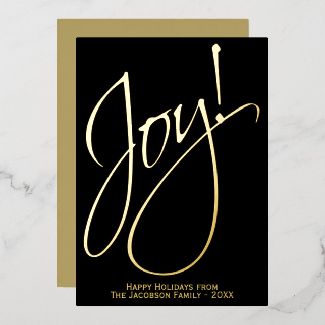 Joy Elegant Gold Script Black Minimalist Christmas Foil Holiday Card (Front/Back)